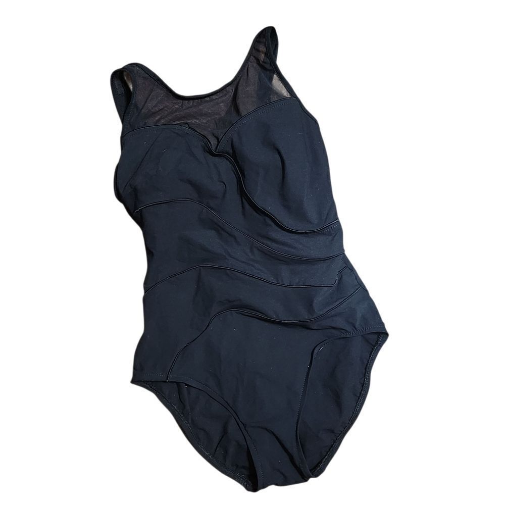 Vintage Robby Len Swimsuit Bathing Suit Size 8 Black Solid One Piece Mesh Neck